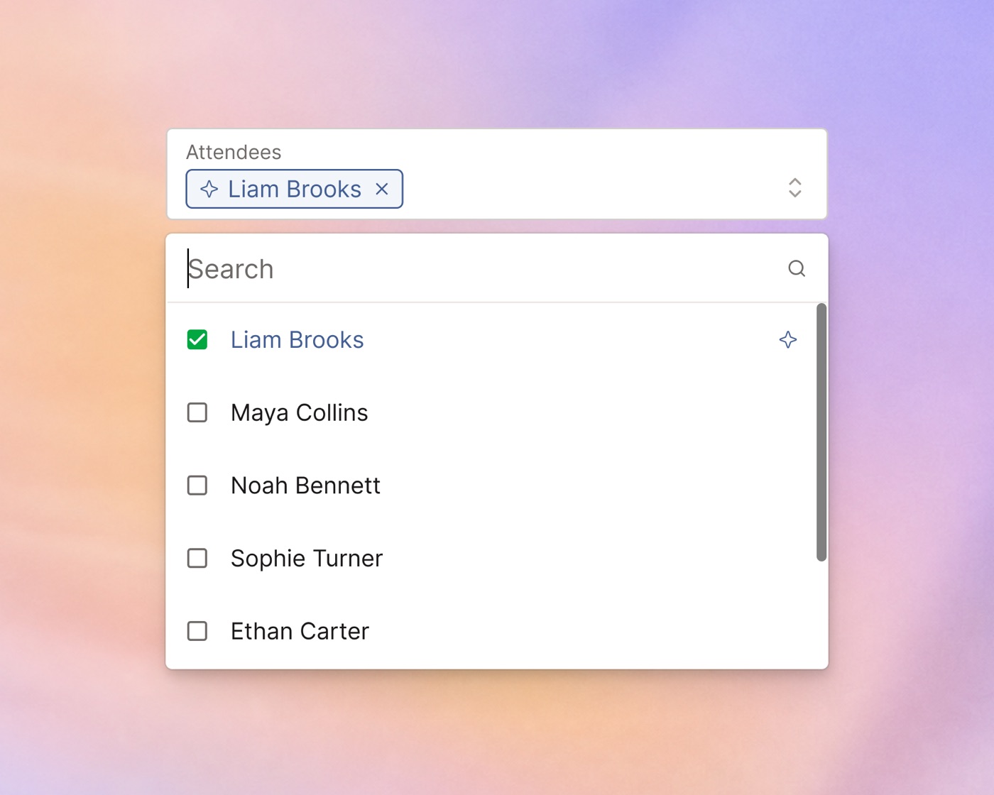 AI auto-assign UI showing Liam Brooks and Maya Collins suggested as attendees with a sparkle icon, alongside manually selected Noah Bennett
