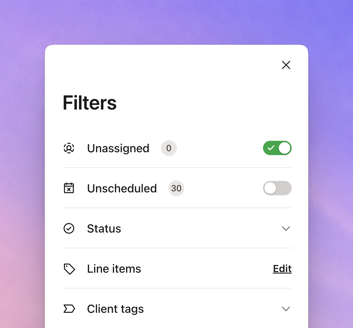 Jobber map filter panel showing Unassigned, Unscheduled, Status, Line items, and Client tags filters