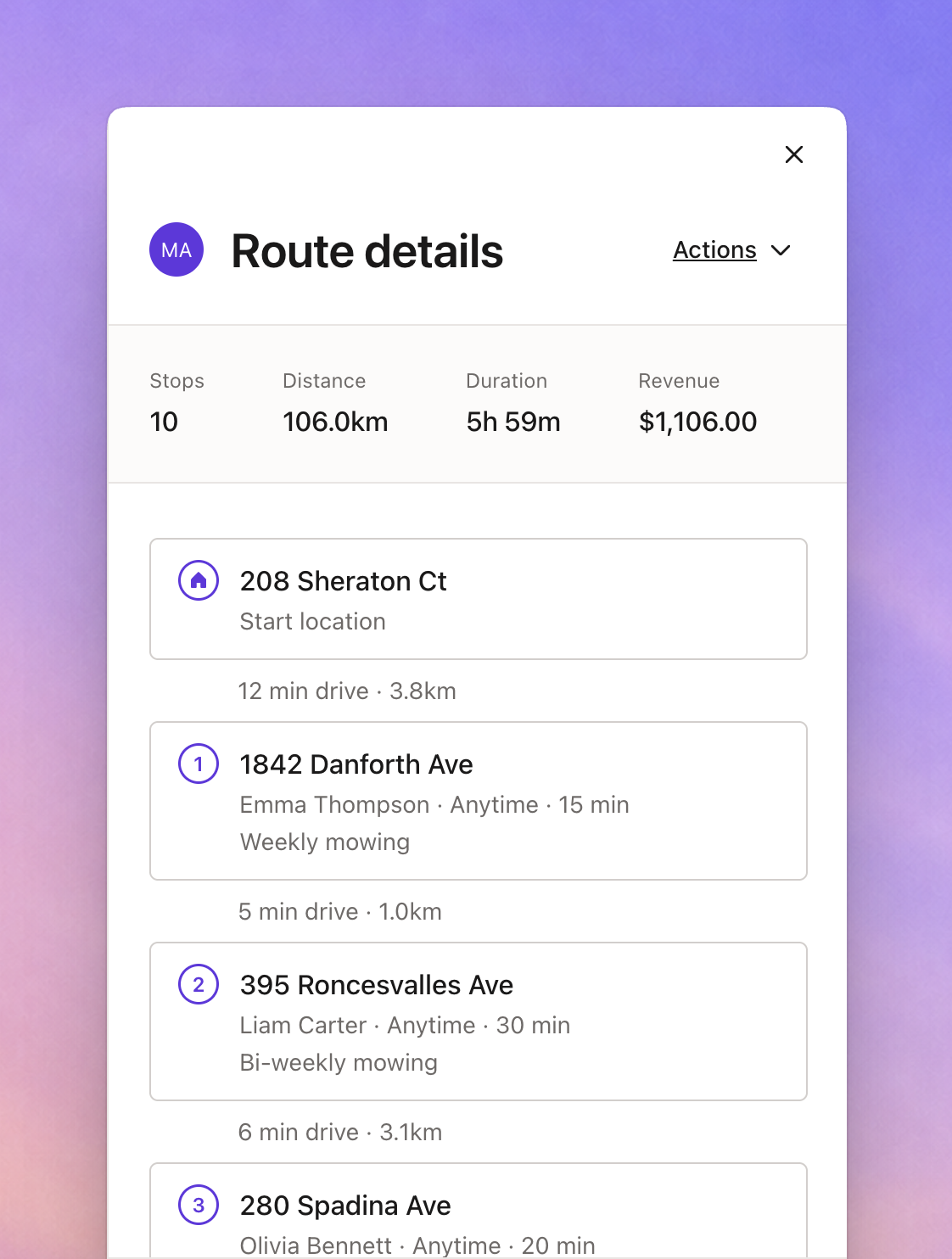 Mobile route details sheet showing stops, drive times, and job details for a crew's day